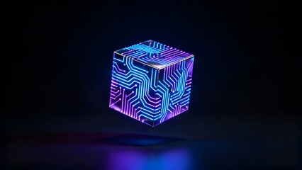 Abstract Futuristic Cube with Glowing Neon Circuitry Patterns on Dark Background