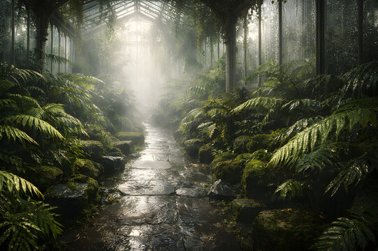 Misty fern grotto in glasshouse conservatory with wet stone path