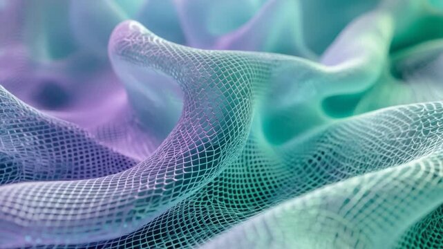 Abstract flowing mesh surface with soft wave motion and smooth gradients in blue and purple tones, seamless loop animation suitable for technology, data, and modern background use