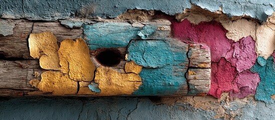 Close-up of weathered wood with peeling paint in various colors