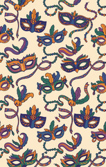Fototapeta premium Mardi Gras Carnival Masks and Beads Seamless Pattern.