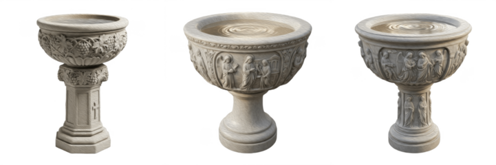 Holy Water Font Christian Church Basin Used for Blessings, Entry Rituals and Spiritual Cleansing Practices Isolated on White Background