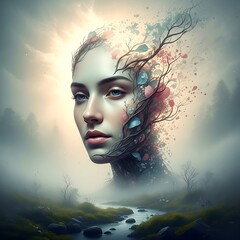Ethereal Woman's Face Merging with Mystical Nature in a Dreamy Landscape
