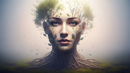 Surreal Portrait of a Beautiful Woman Merging with Trees and Roots, Symbolizing Nature