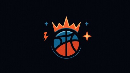 Retro Basketball with Crown and Star Accents, Bold Orange and Blue Graphic, Perfect for Sports Team Logos, Apparel Design, Athletic Branding