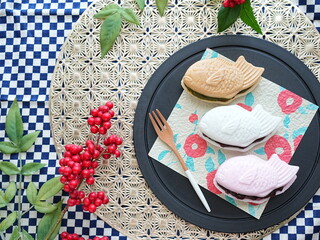 正月和菓子 鯛の三色もなか