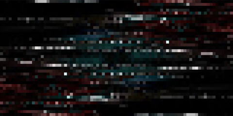 Fototapeta premium Tv glitch screen bg. Digital noise effect vhs background. Static pixel error video overlay. Abstract tape rewind hologram with destruction grain and scratch line. Green, blue and red graphic pattern