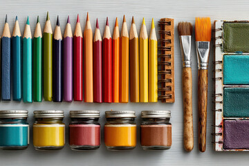 A flat composition of art supplies neatly arranged against a light background.  