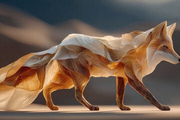 Fototapeta premium A surreal artistic depiction of a fox, rendered in flowing, translucent layers reminiscent of fabric, paper, or waves of light. 