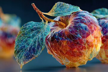 A conceptual image of an apple, rendered as a transparent geometric mesh with vibrant gradient colors.  