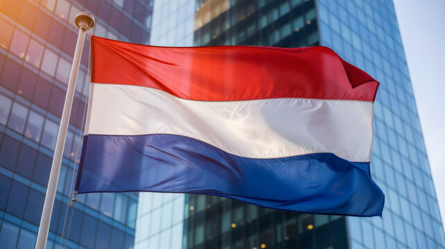 Netherlands flag waving proudly against a modern city backdrop symbolizing national pride and patriotic sentiment in Europe