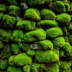Moss covered stones form a wall, saturated green hues and natural texture create a lush, organic scene