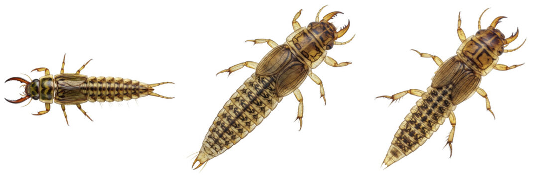 Set and Collection of Realistic Great Diving Beetle Larva (Dytiscus marginalis) Images &ndash; Isolated on White Transparent PNG Background