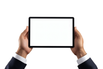 Businessman holding blank tablet screen for presentation or demo