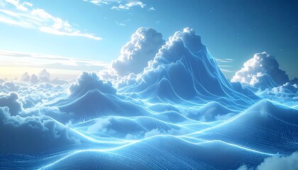 a stunning landscape featuring majestic mountains covered in fluffy clouds and intricate lines in shades of blue