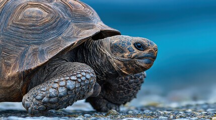 Obraz premium Detailed close-up portrait of a Galapagos tortoise with intricate shell texture and ancient, wise facial features