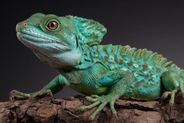 Obraz premium Detailed profile of a vibrant green basilisk lizard perched on a textured brown branch with a dark background