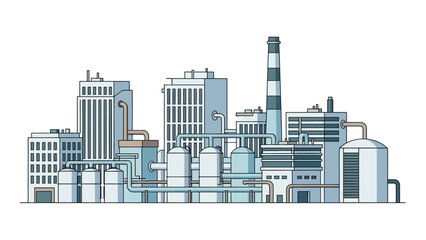 Obraz premium Modern industrial complex illustration. Line art depicting factory buildings, production facilities, storage tanks, and pipelines. Symbolizes manufacturing and urban infrastructure