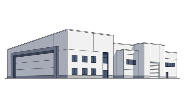 Modern industrial building vector illustration, a contemporary commercial warehouse and factory facility with large roller doors, perfect for showcasing logistics and manufacturing infrastructure