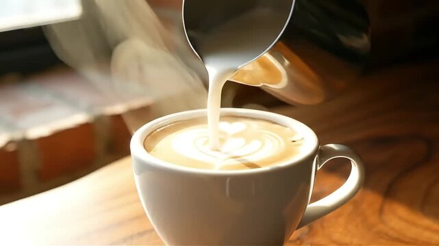 Warm latte art being poured into a ceramic cup on a wooden table bathed in soft morning light a cozy and inviting coffee shop moment
