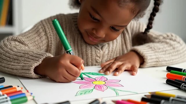 Young African American girl happily coloring a vibrant flower drawing with markers at home showcasing creativity and childhood joy in a cozy setting
