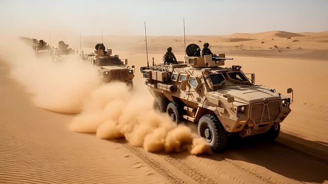Military vehicles traverse desert landscape with soldiers on high alert, conveying strength and readiness in a dynamic and tense operation.