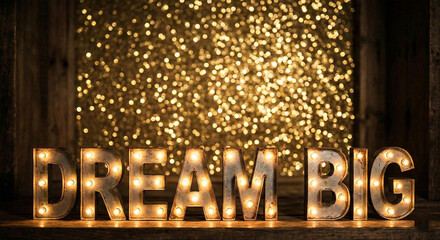 Marquee letters on gold glitter bokeh background for events