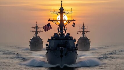 Three warships sail in formation on the ocean during a stunning sunset, evoking feelings of power, freedom, and adventure. - Powered by Adobe