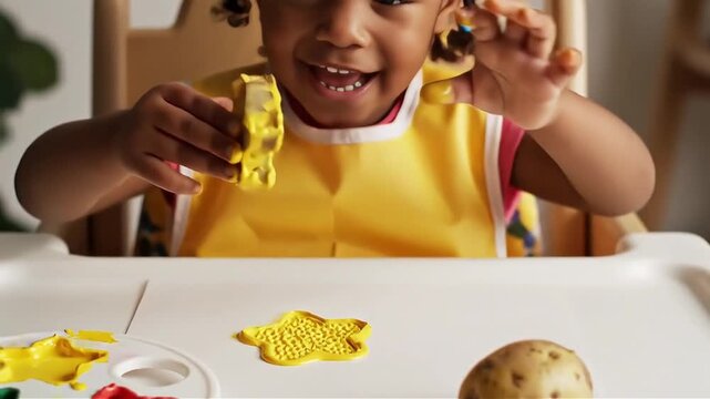 Young Black child joyfully creates a potato stamp shape at a table during an early childhood art and sensory play activity fostering creativity and fine motor skills