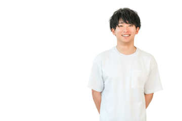 Smiling Asian man in an oversized t-shirt