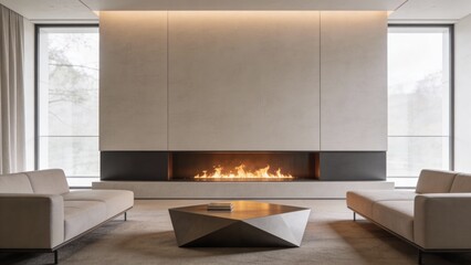 Luxury living room: fireplace glow, clean minimal design