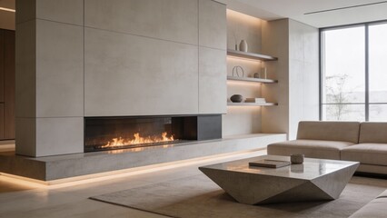 Sophisticated modern living space with cozy fireplace and calm atmosphere