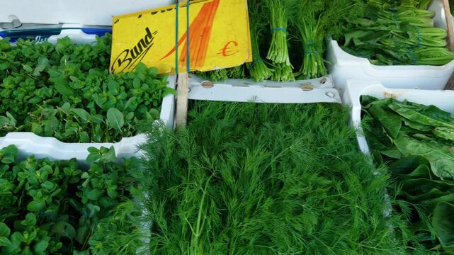 Close Camera movement over vegetables. Details of the Turkish Market at Maybachufer. Berlin, Germany