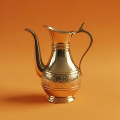 Ornate metallic pitcher with long spout rests on a warm orange surface