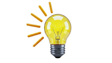 Illuminated light bulb with radiating lines on white background