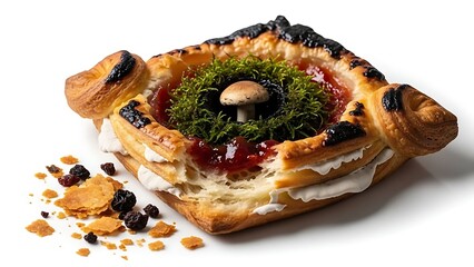 Surreal Danish pastry tart featuring a central filling of red jam with green moss and a small mushroom growing out of it, isolated on white background.