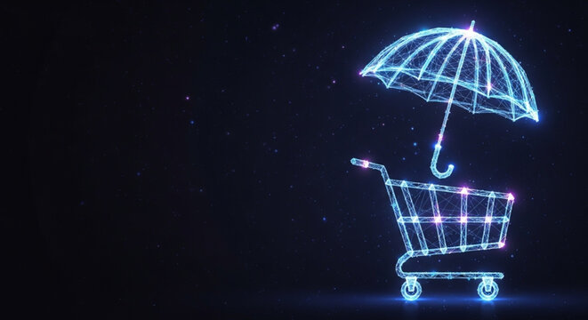 World Consumer Rights Day A futuristic glowing wireframe shopping cart protected by an umbrella, symbolizing e-commerce consumer safety, data protection, and secure transactions
