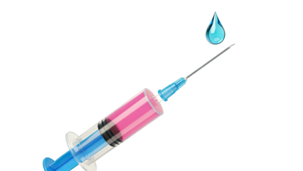 Syringe with pink fluid and falling blue drop, medical concept