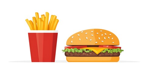 Delicious grilled beef cheeseburger with melted cheese and fresh lettuce on a sesame bun served with golden french fries as a classic fast food meal isolated on white