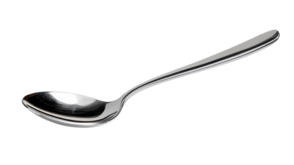 A shiny, stainless steel spoon elegantly suspended against a clean white background, perfect for culinary themes.
