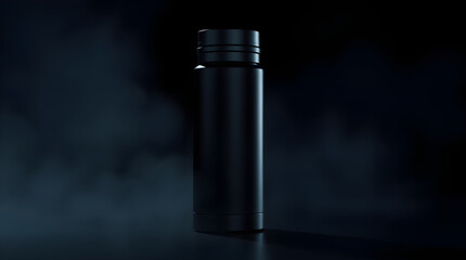 Elegant black cylindrical bottle illuminated with a dim light against a dark background.