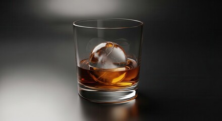 Clear tumbler glass holds amber spirit chilled by a perfectly spherical ice orb