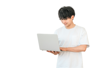 A young Asian man in a T-shirt holding a laptop (freelance, creator, programmer)