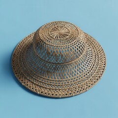 Traditional woven headwear displays intricate open lattice construction against a bright cyan backdrop