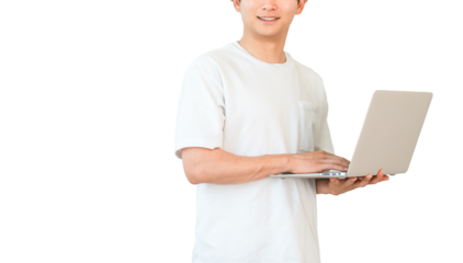 A young Asian man in a T-shirt holding a laptop (freelance, creator, programmer)