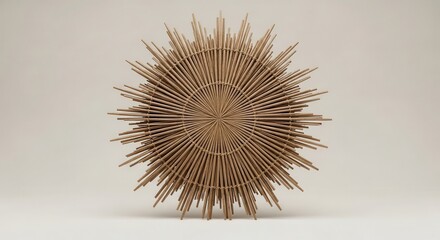 Round woven decorative object features numerous radiating natural fiber elements against a neutral background.