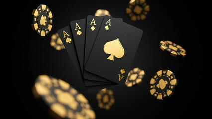 Gold four aces poker cards, Luxury black casino chips 3d, Online gambling premium banner, Elite poker player winner hand