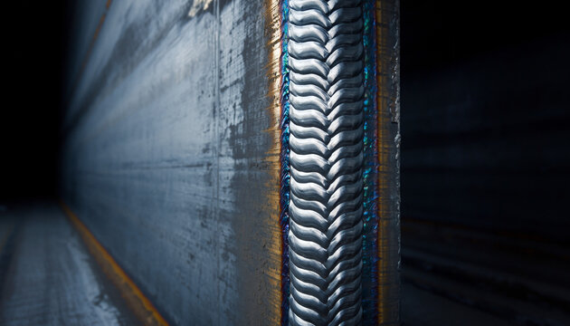 Close-up macro shot of a perfect, clean welding seam (weave pattern) on a large steel metal surface, showcasing industrial precision and craftsmanship in fabrication.