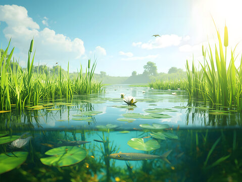 Lush Wetland Ecosystem with Split View of Underwater Fish and Surface Water Lilies