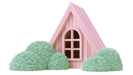 Wooden A-frame house with arched window and green bushes